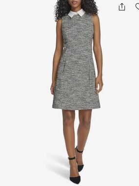 Calvin Klein Tweed A-Line Dress Size 8 NEW Black White Contrast Collar